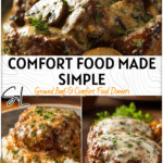 Golden baked Amish hamburger steak topped with creamy gravy and herbs served on a rustic plate. 2